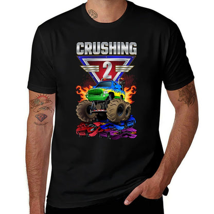 Kids Monster Trucks Crushing 2 Boys 2nd Birthday Two Year Old  Summer-ready Fabric T-Shirt