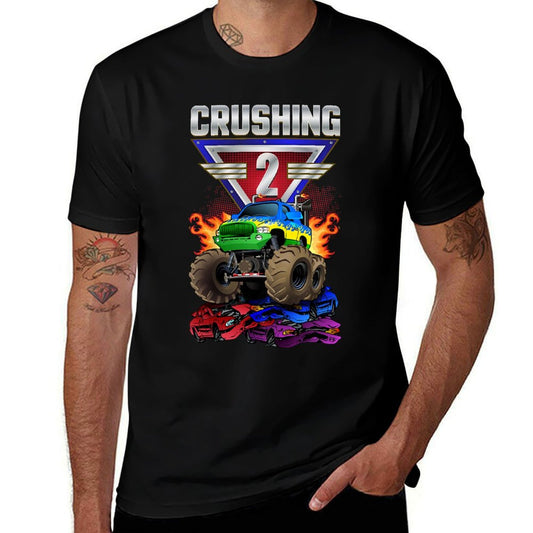 Kids Monster Trucks Crushing 2 Boys 2nd Birthday Two Year Old  Summer-ready Fabric T-Shirt