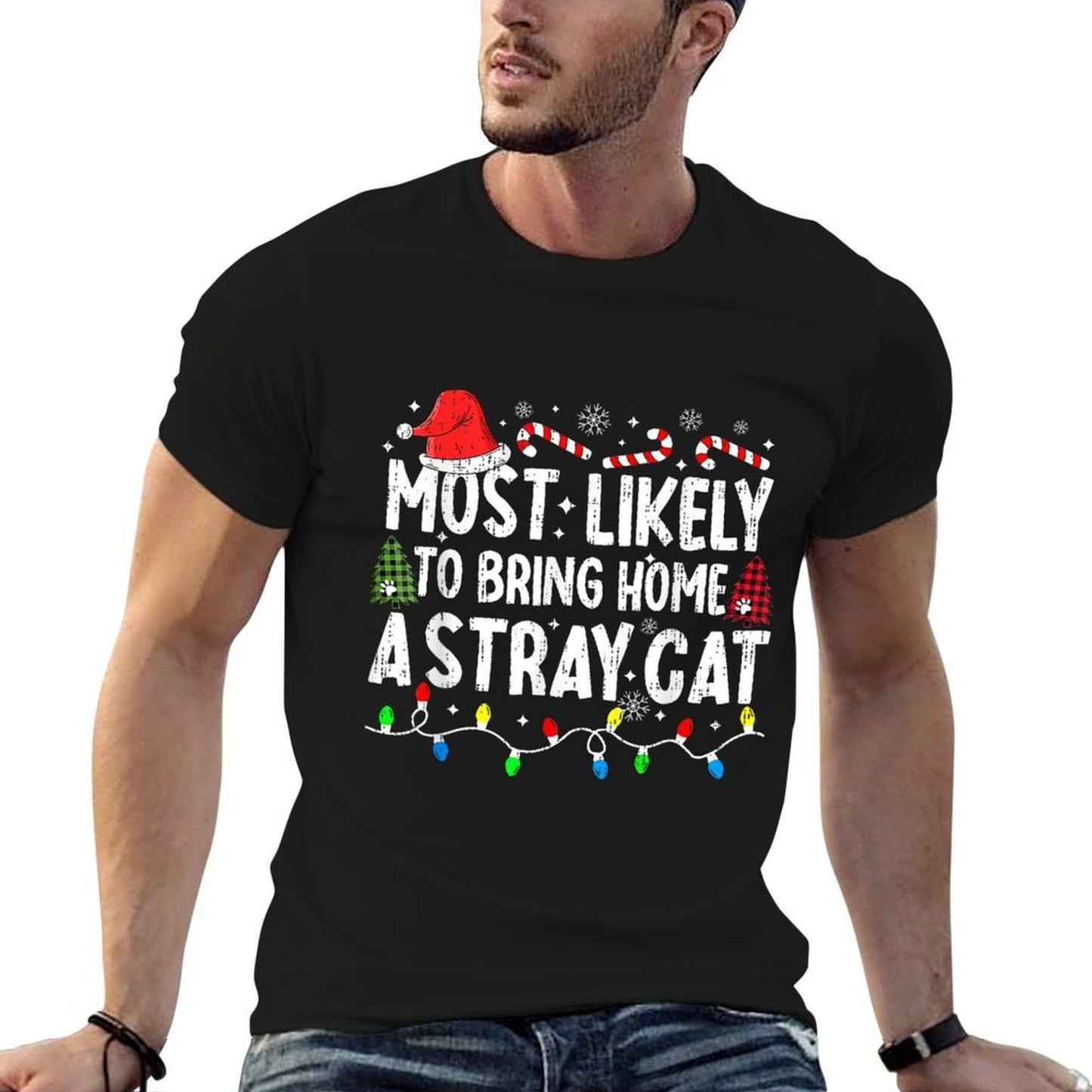 Most Likely To Bring Home A Stray Cat Family Christmas Funny  Eco-friendly Material T-Shirt