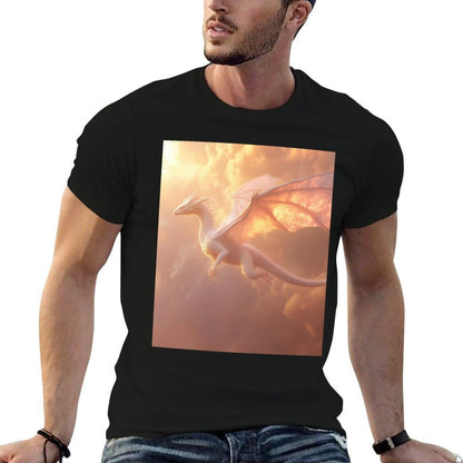 Majestic White Dragon Soaring in Twilight Sky  Fade-proof Color T-Shirt