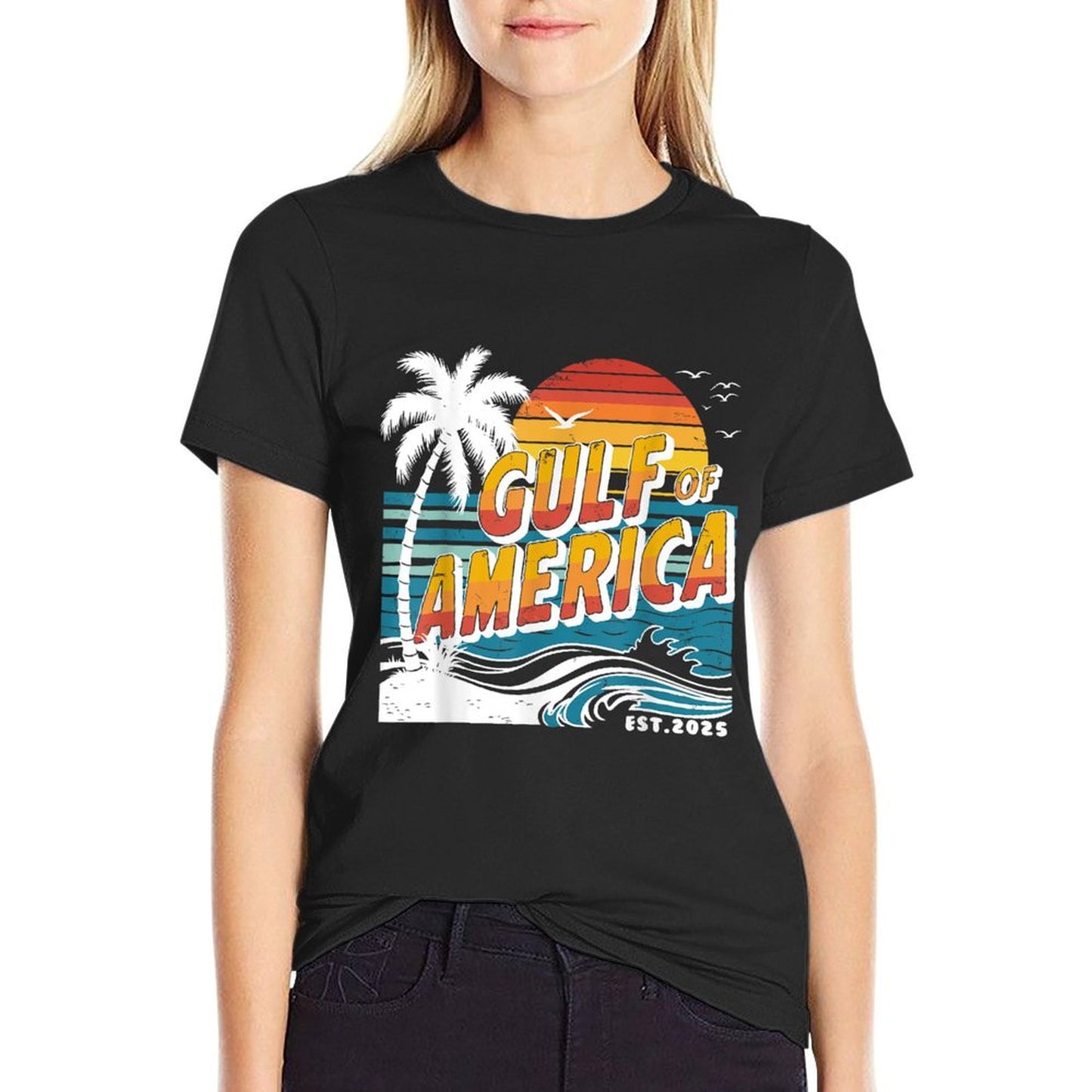 Retro Gulf Of US America 2025 American Flag Gulf Mexico Ribbed Collar T-Shirt
