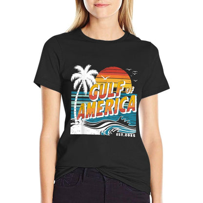 Retro Gulf Of US America 2025 American Flag Gulf Mexico Ribbed Collar T-Shirt