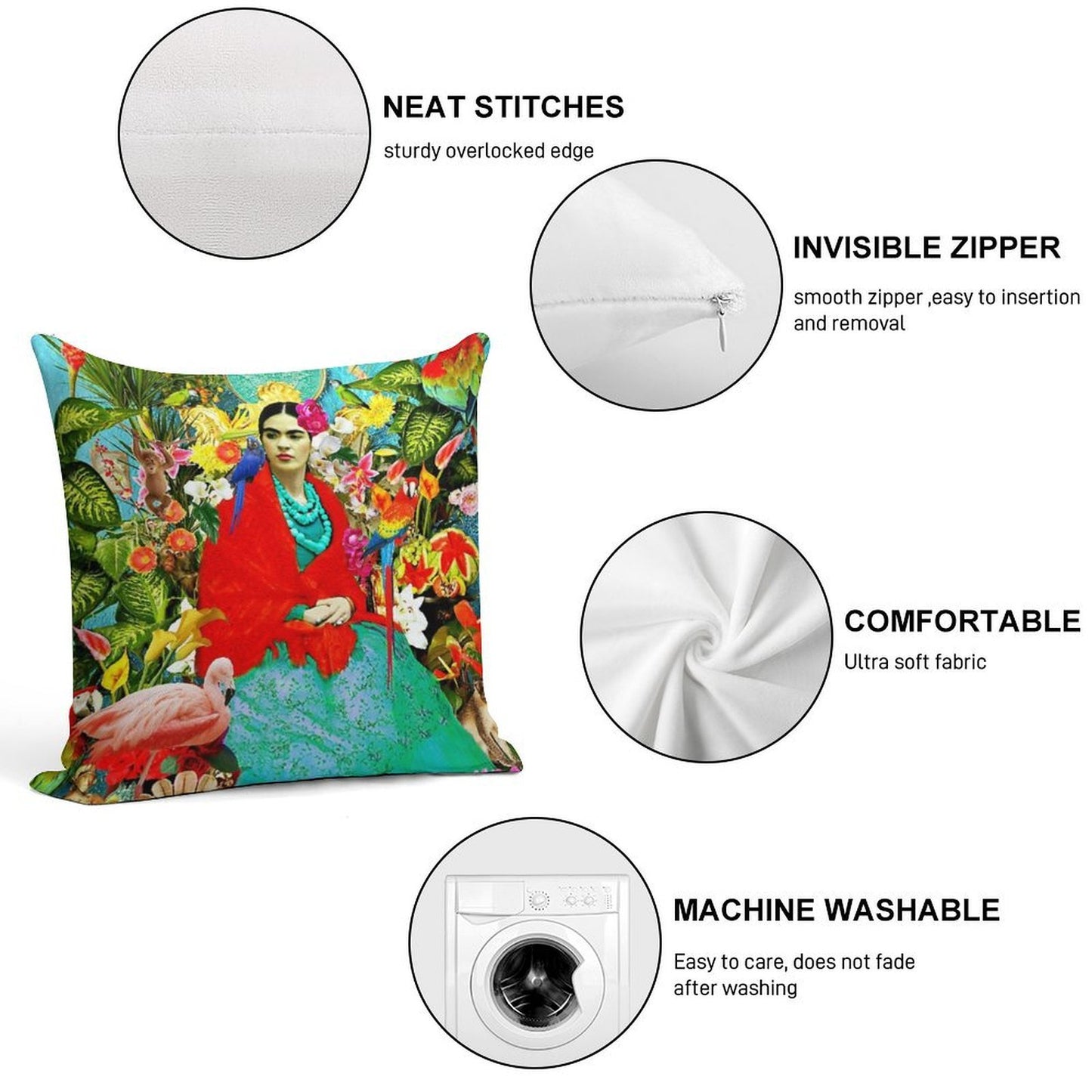 Frida Kahlo with Mexican Animals, Plants, Birds Soft Warmth Comfort Throw Pillow