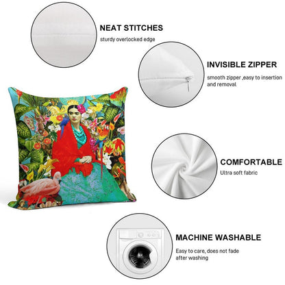 Frida Kahlo with Mexican Animals, Plants, Birds Soft Warmth Comfort Throw Pillow