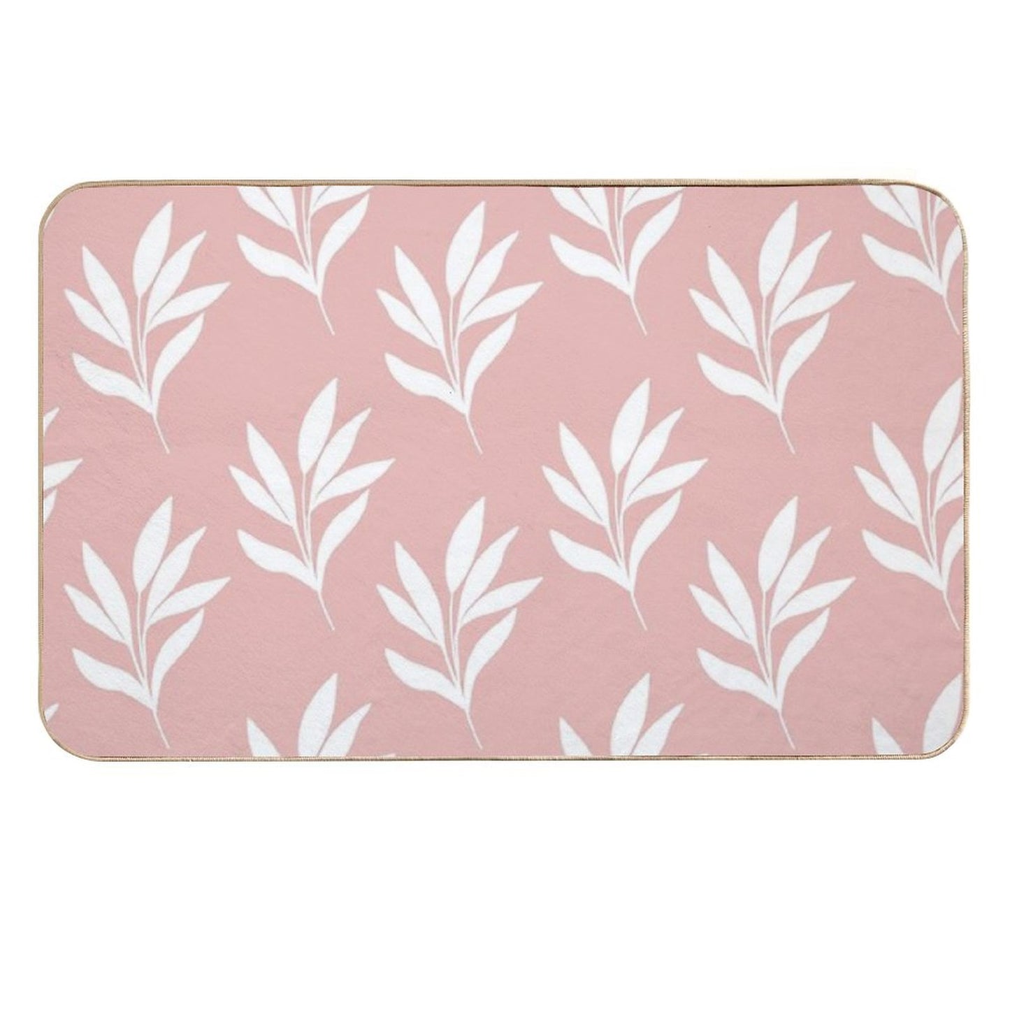 Minimal White Leaves Pattern Design with Blush Background  Pet-Safe Bath Mat