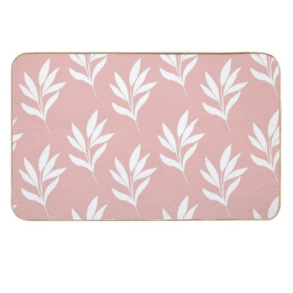 Minimal White Leaves Pattern Design with Blush Background  Pet-Safe Bath Mat