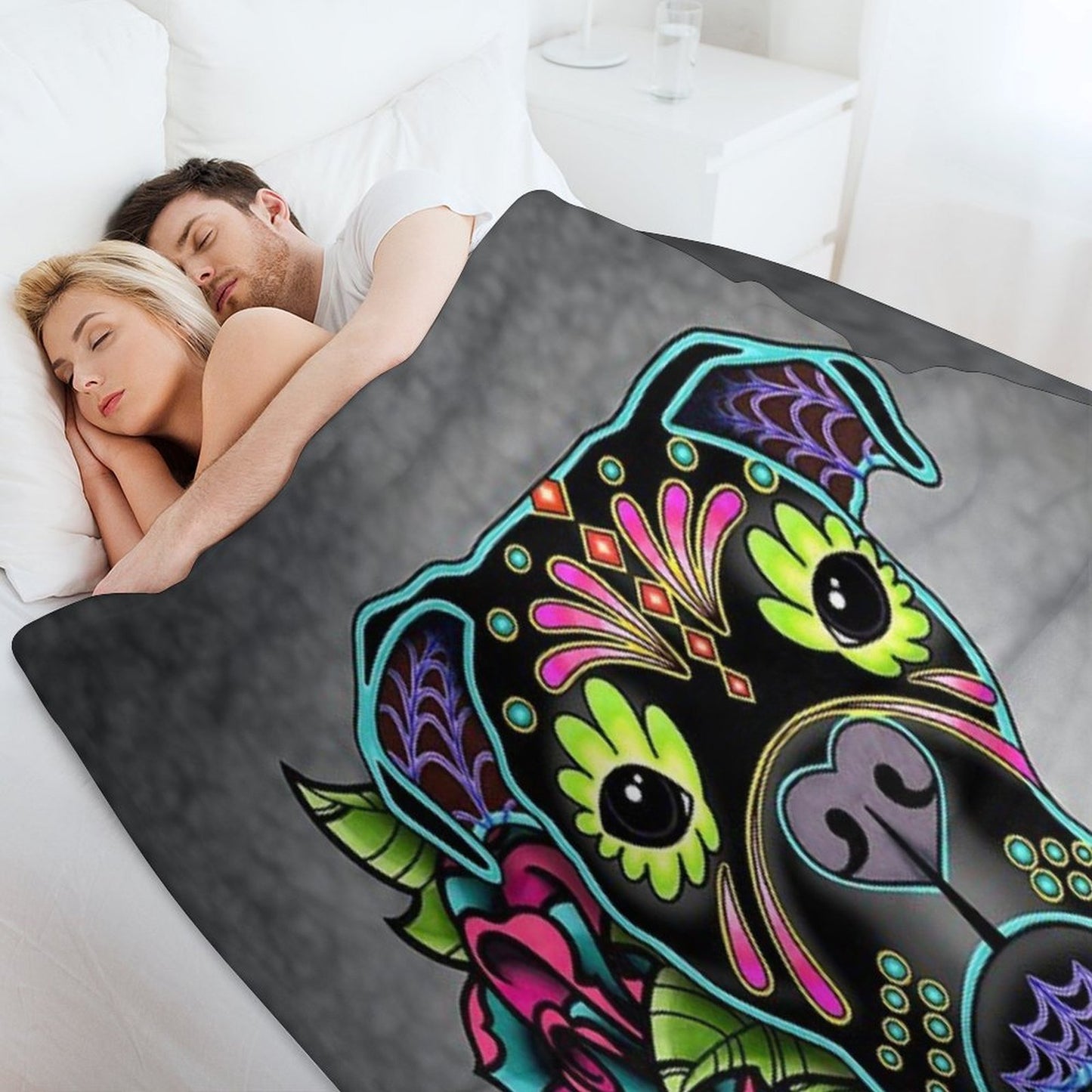 Boxer in Black- Day of The Dead Sugar Skull Dog Anti-pilling Throw Blanket