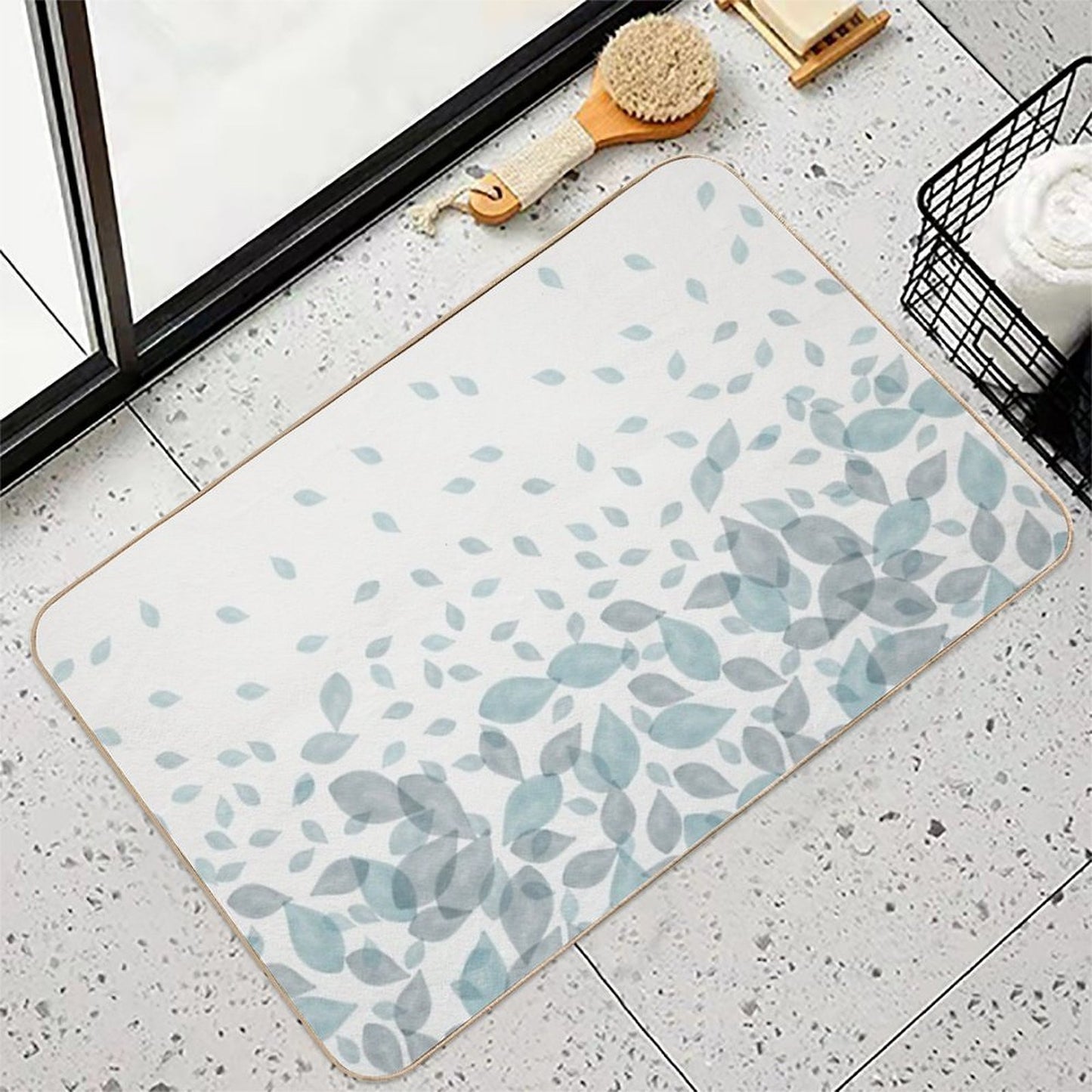 Watercolor Scatter Leaves (Teal)  Non-Slip Bath Mat