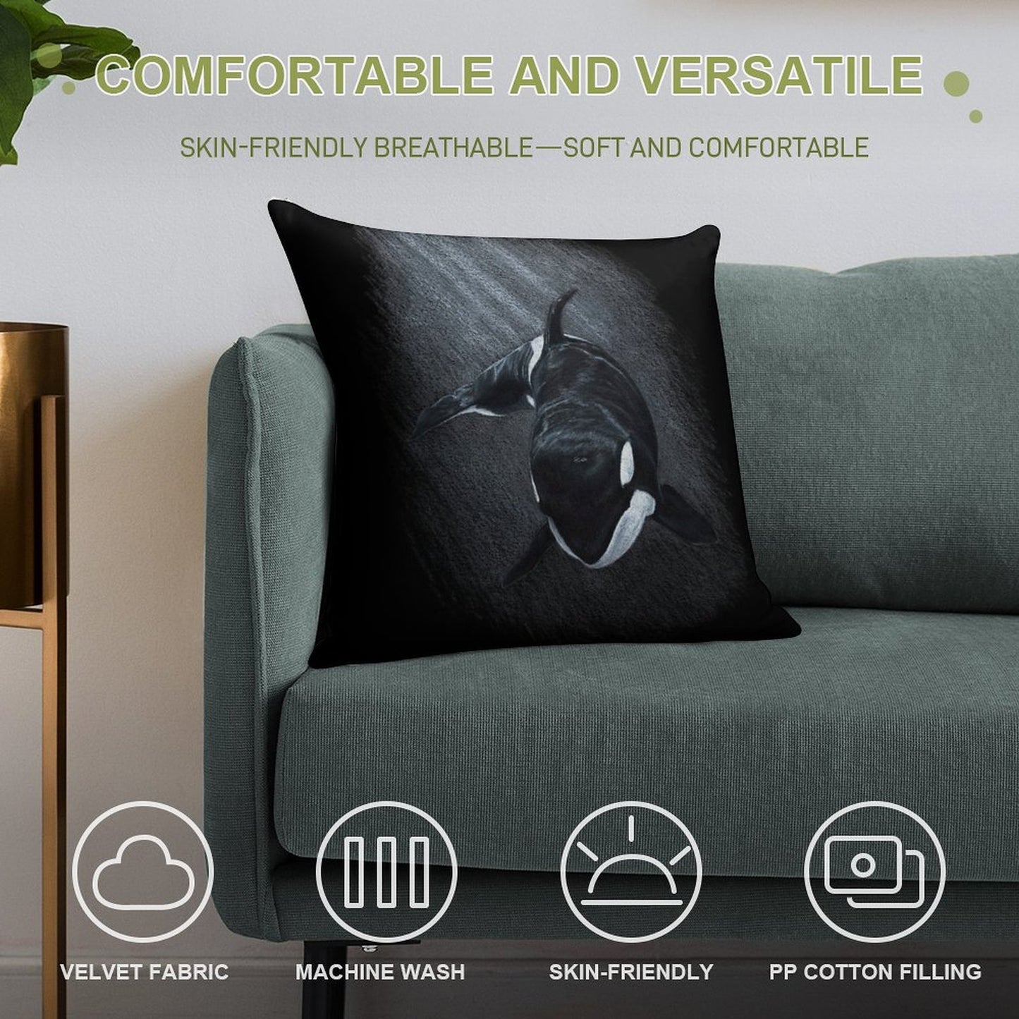 White Whale - Orca Soft Short Plush Fabric Throw Pillow