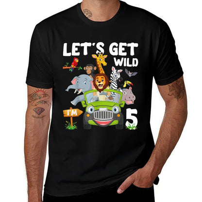 Safari Jungle Animal Let's Get Wild I'm 5 Year Old Birthday  Ribbed Collar T-Shirt