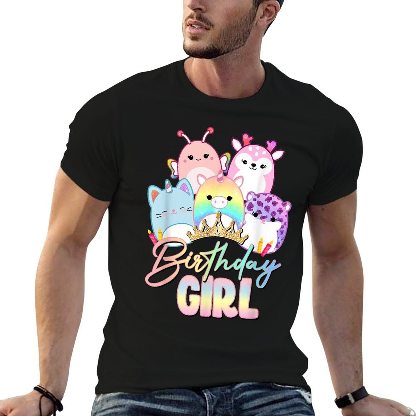 Happy Birthday Girl Squish Squad Mallow Girls Kids Cute  Ribbed Collar T-Shirt