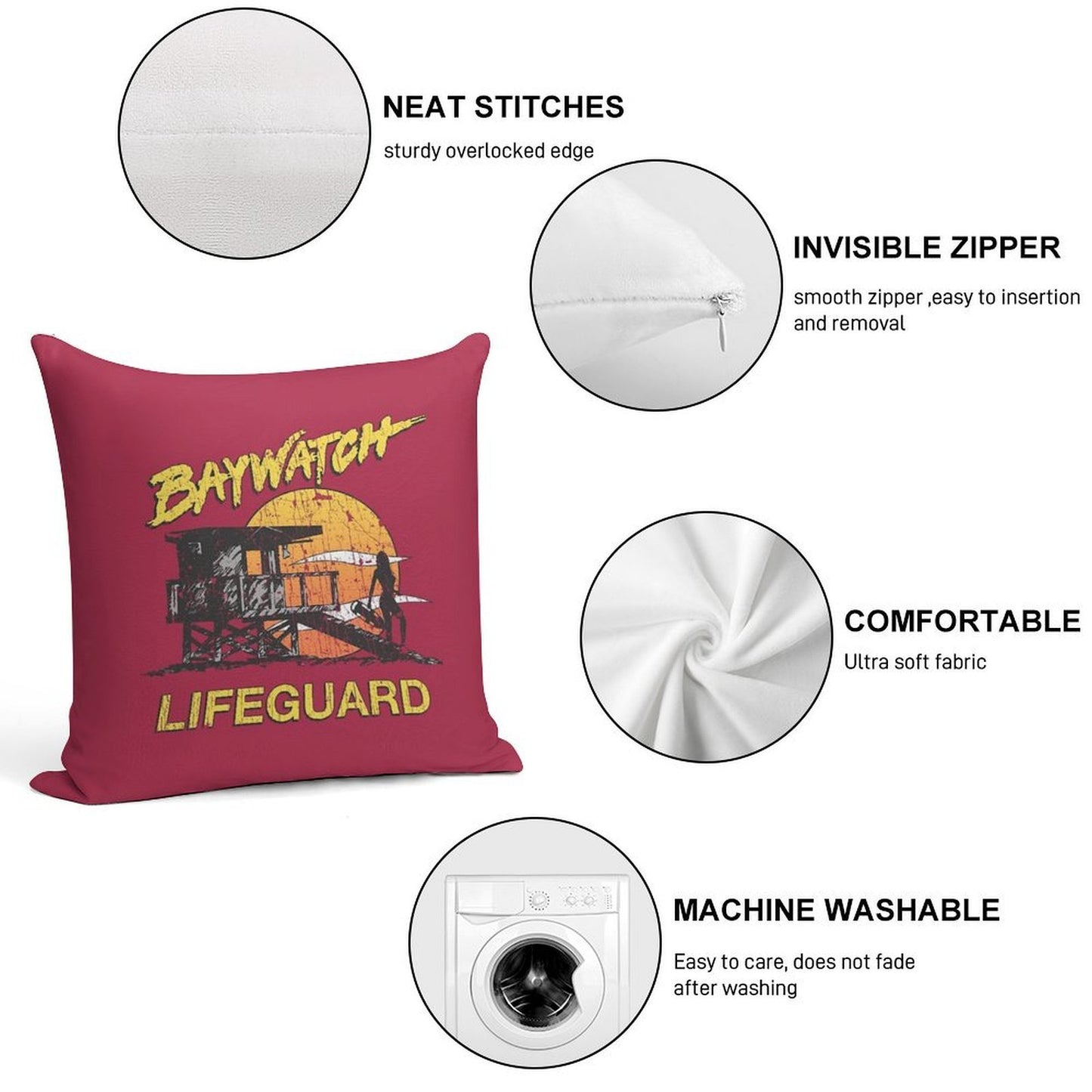 Baywatch Lifeguard Sunset 1989 Soft Skin-Friendly Throw Pillow