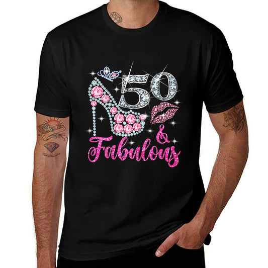 50 & Fabulous Diamond Crown Shoes Queen 50 Yrs Old Birthday  Fade-proof Color T-Shirt