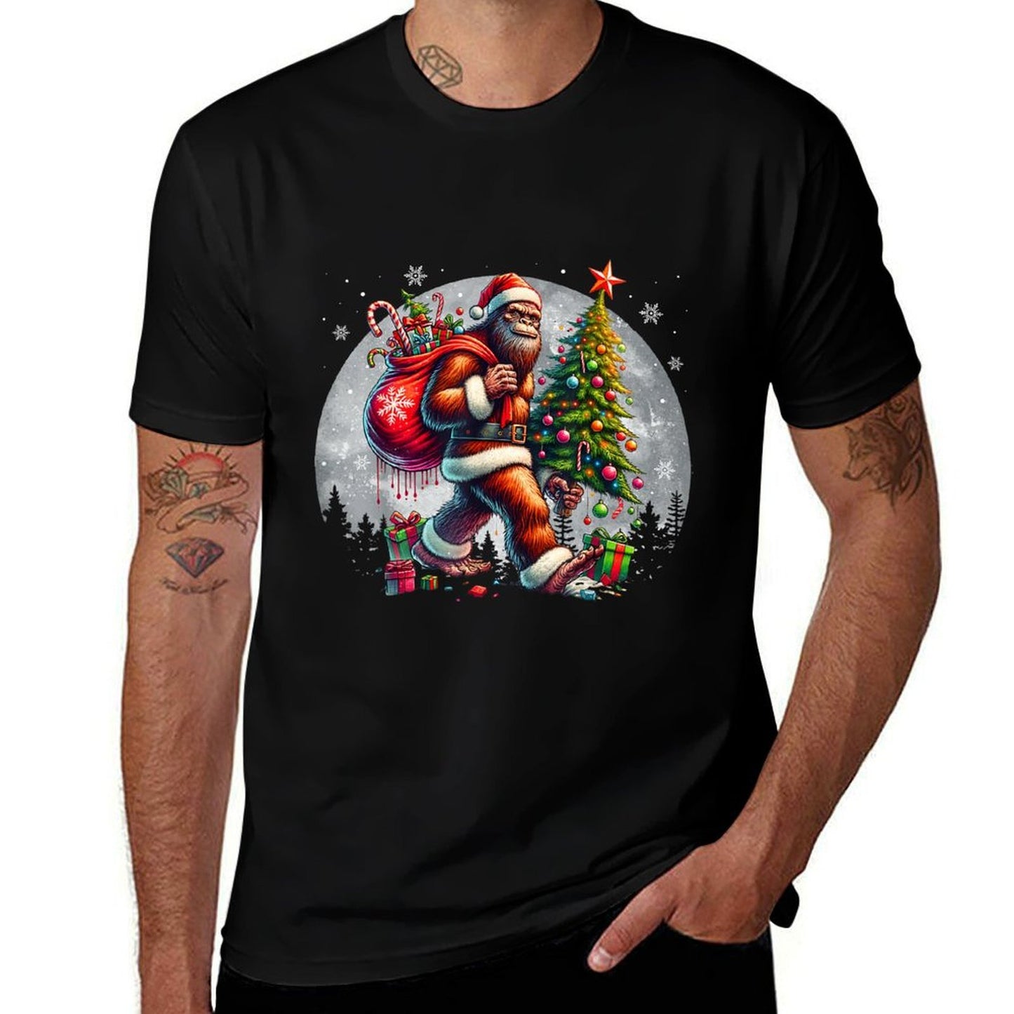 Santa Bigfoot Christmas Tree Xmas Lights Funny Sasquatch  Tagless Design T-Shirt