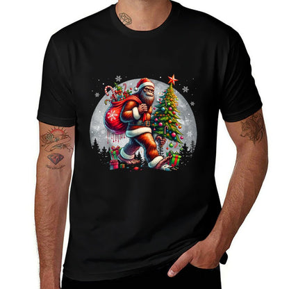 Santa Bigfoot Christmas Tree Xmas Lights Funny Sasquatch  Tagless Design T-Shirt