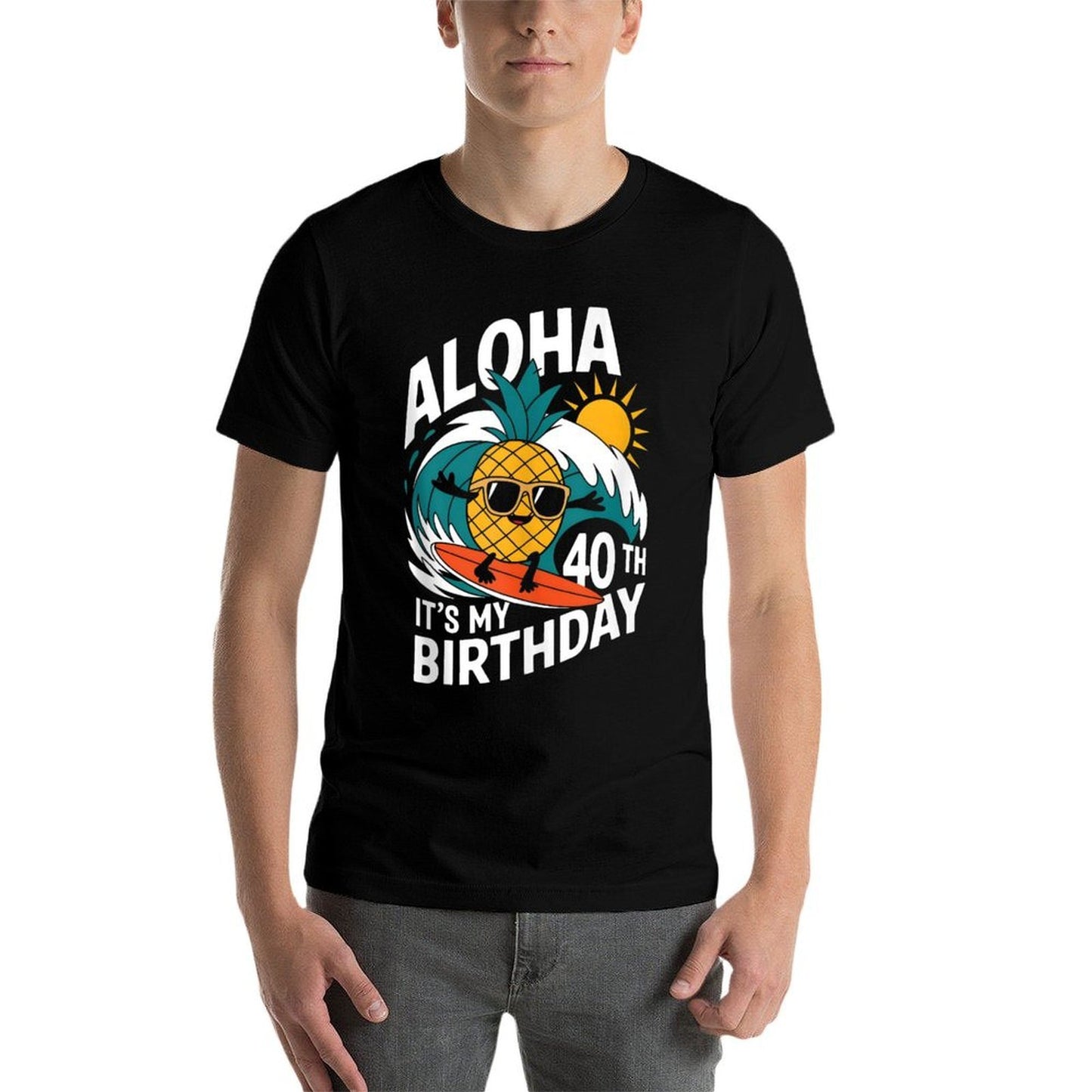 Aloha 40th Birthday Hawaii Pineapple Surfing Tropical Beach  Rolled Sleeves T-Shirt