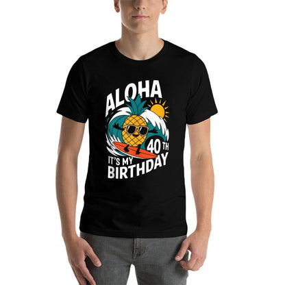 Aloha 40th Birthday Hawaii Pineapple Surfing Tropical Beach  Rolled Sleeves T-Shirt
