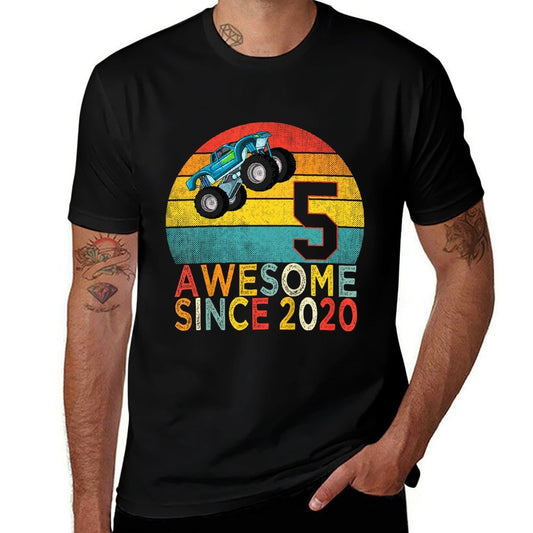 Kids 5th Birthday Monster Truck Lover 5 Years Old Vintage Retro  Fade-proof Color T-Shirt