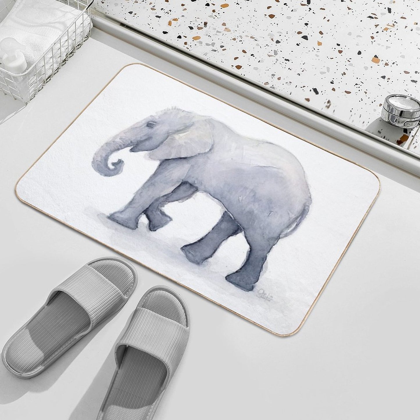 Elephant Watercolor  Rapid-Drying Bath Mat
