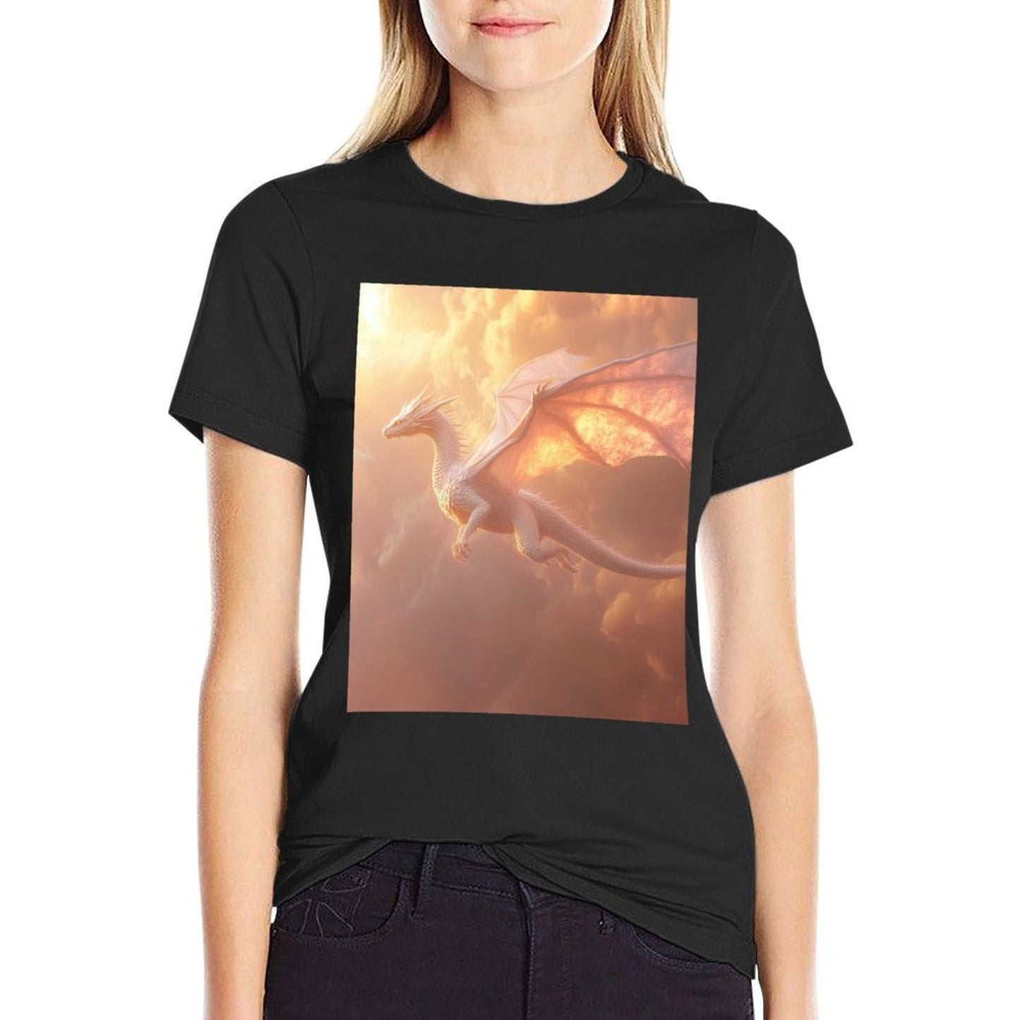 Majestic White Dragon Soaring in Twilight Sky  Fade-proof Color T-Shirt