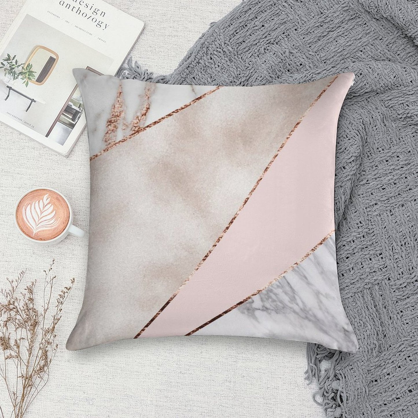 Spliced Mixed Rose Gold Marble Soft Fade-Resistant Throw Pillow