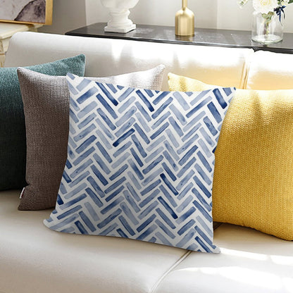 Indigo Blue Watercolor Herringbone Chevron Soft Reinforced Edging Throw Pillow