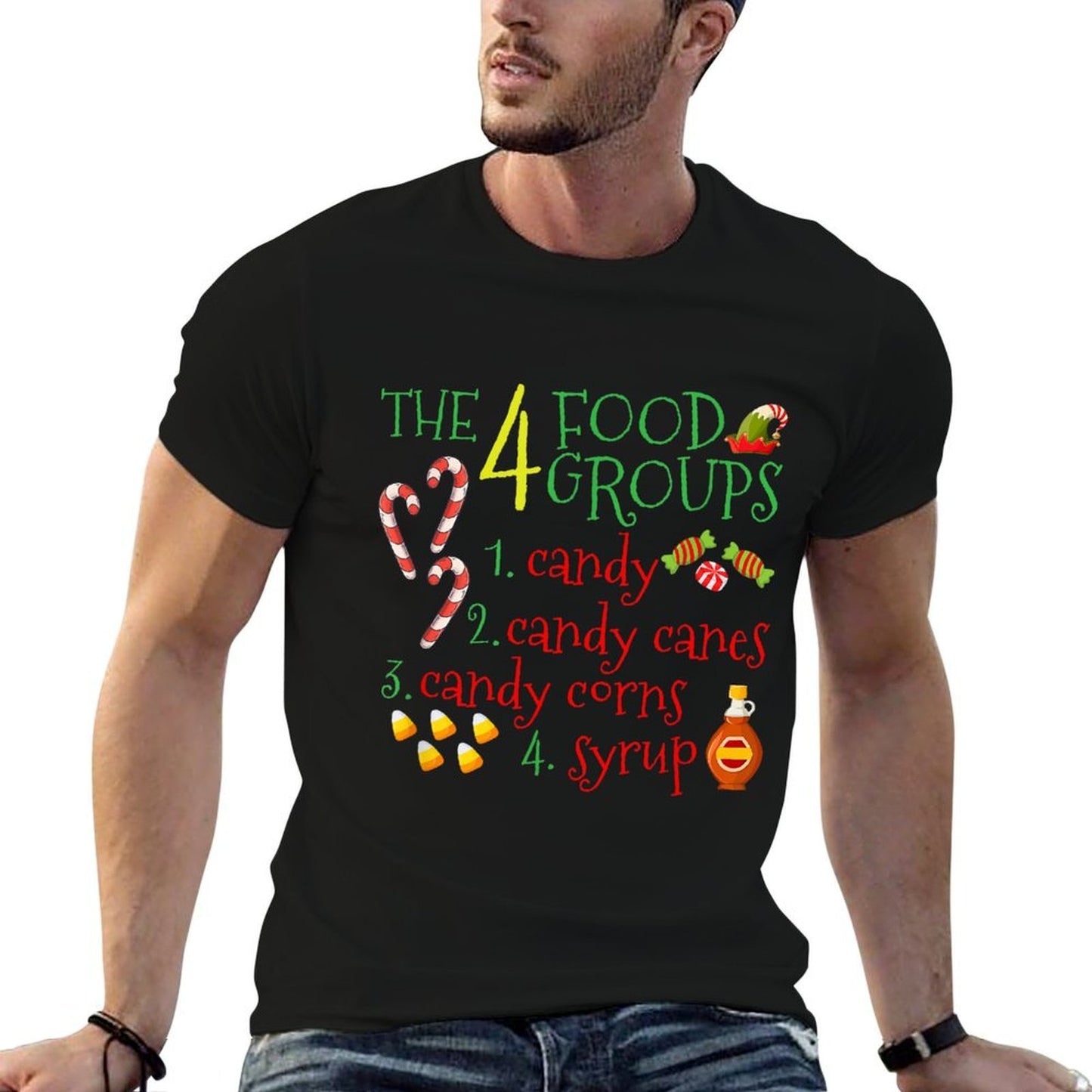 The 4 Elf Food Groups Funny Christmas Candy Cane  Rolled Sleeves T-Shirt