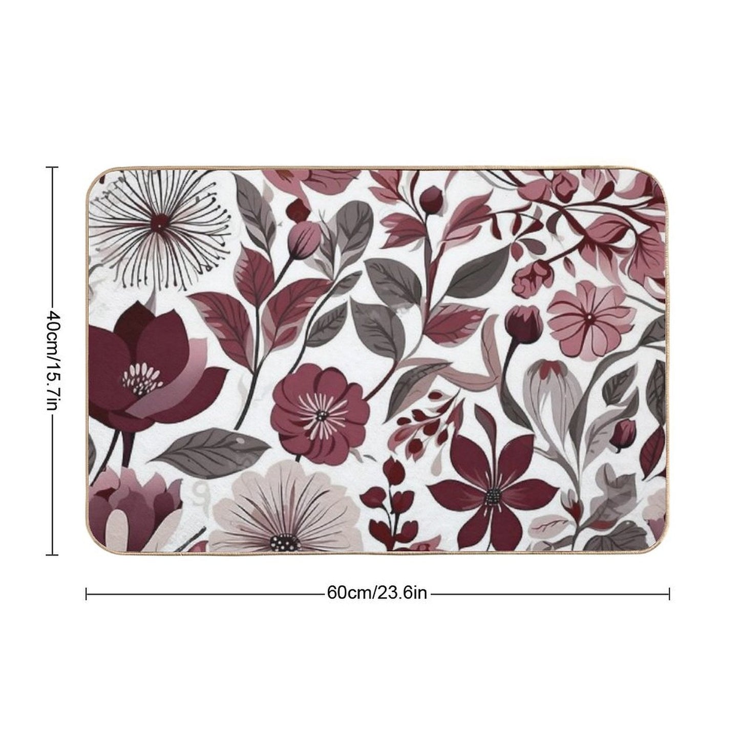 Deep Burgundy, Grey & White Scandi Floral Pattern  Repositionable Bath Mat