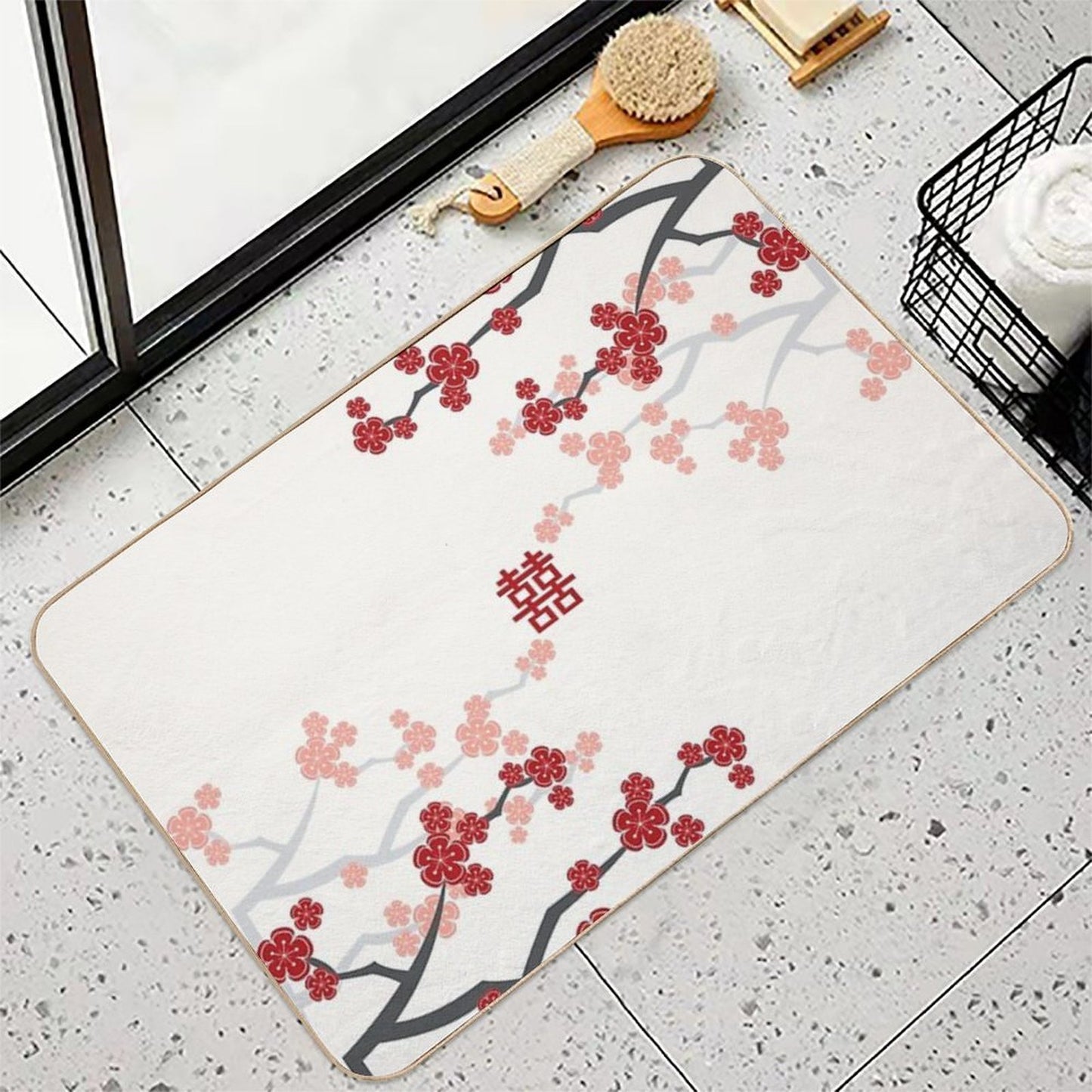 Red Oriental Cherry Blossoms on Ivory And Chinese Wedding Double Happiness  Japanese Sakura © Fatfatin  High-Traffic Bath Mat