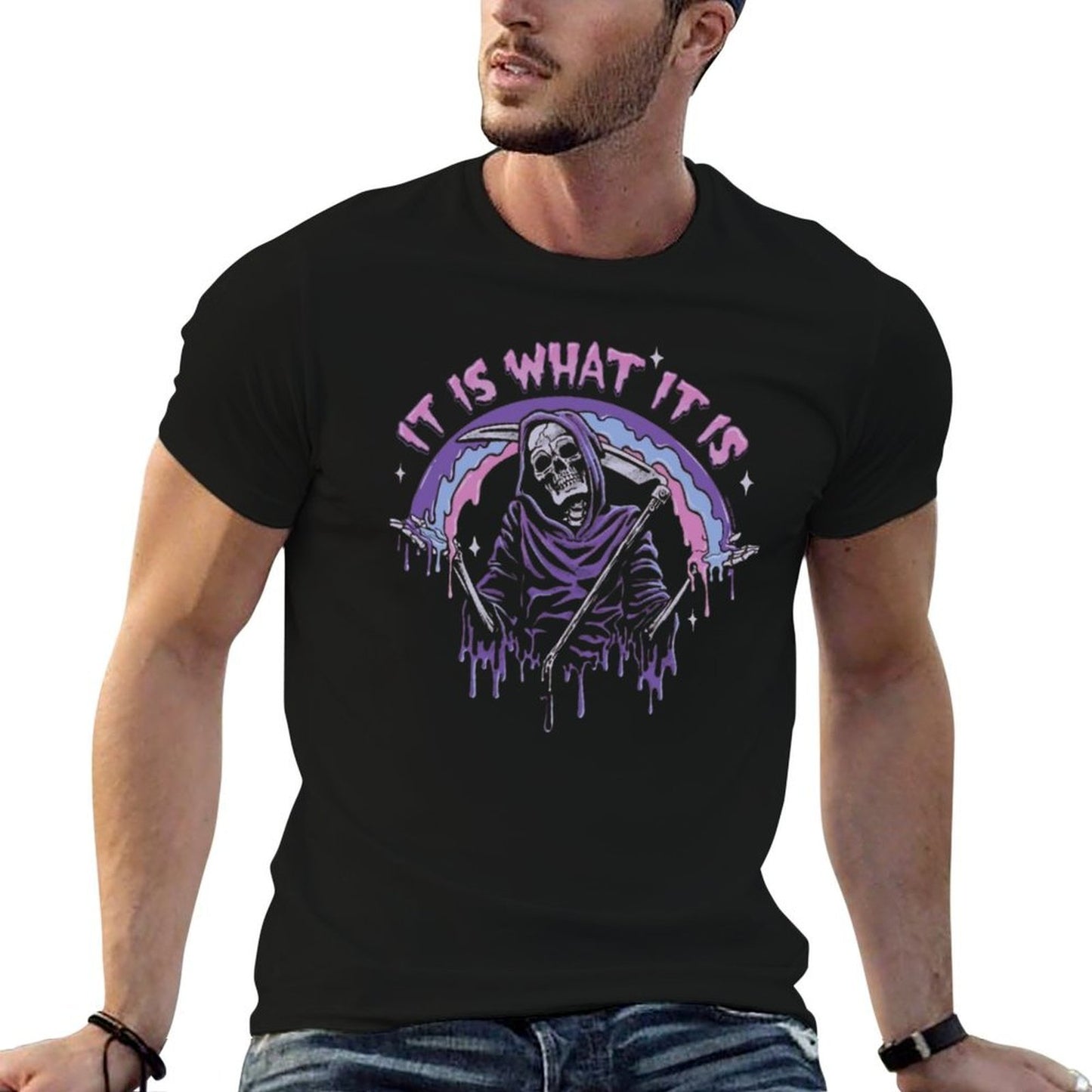 Death ~ It Is What It Is ~ Pastel Goth Grim Reaper Drip  Summer-ready Fabric T-Shirt