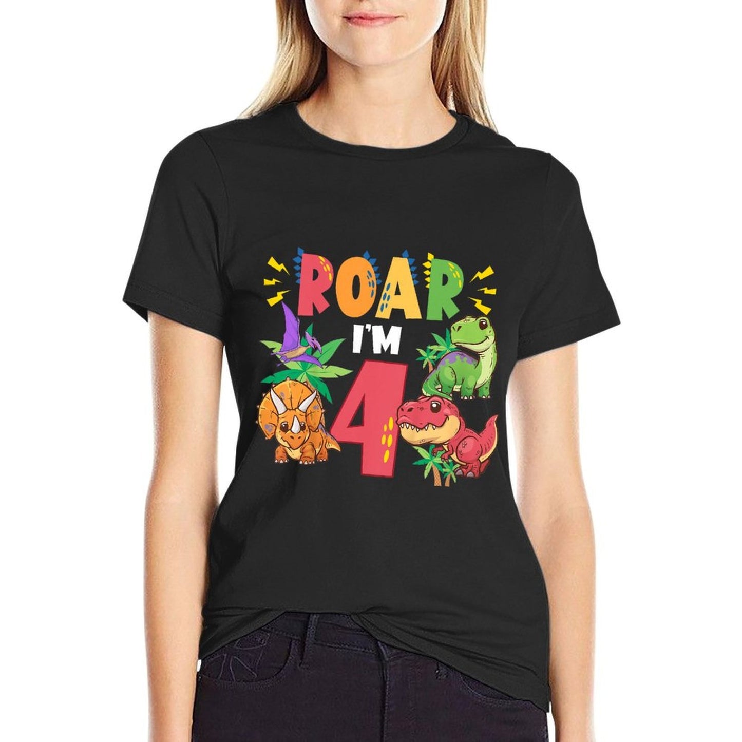 Kids Roar I'm 4 Dinosaurs 4th Birthday Party 4 Year Old Toddler  Cotton T-Shirt