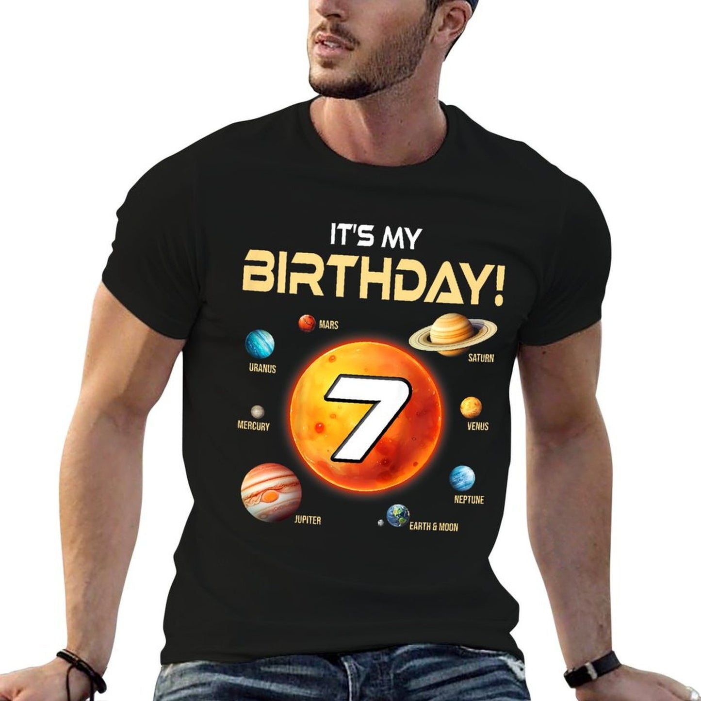 Kids Cute Solar System 7th Birthday Seven Years Old Space Planets  Affordable Price T-Shirt