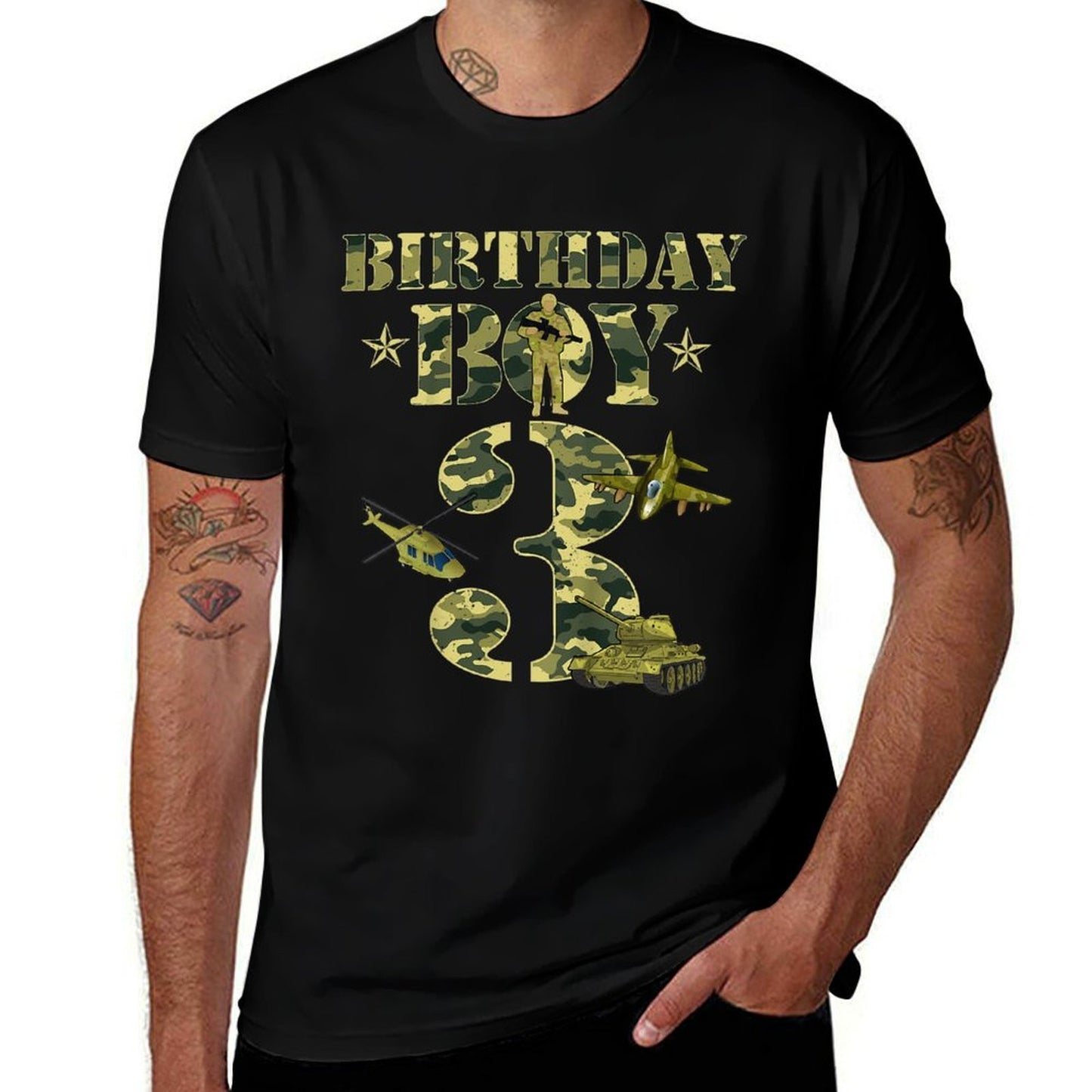 Kids 3rd Birthday Military Themed Camo Boys3 Yrs Old Soldier Camo  Heathered Texture T-Shirt