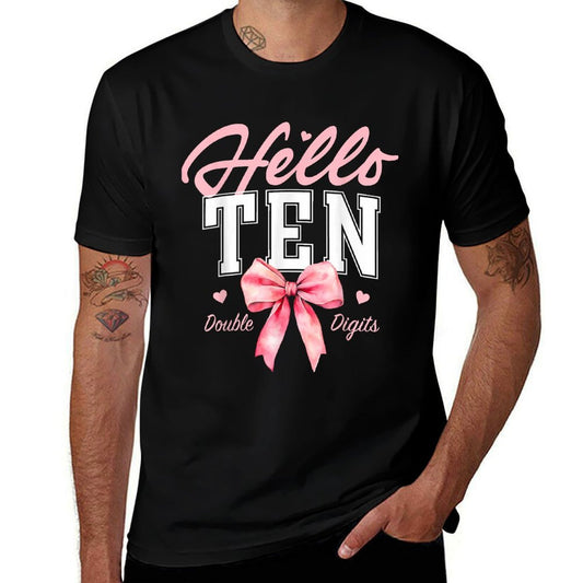 Hello Ten Double Digits Cute Coquette Bow 10th Birthday Girl  Cotton T-Shirt