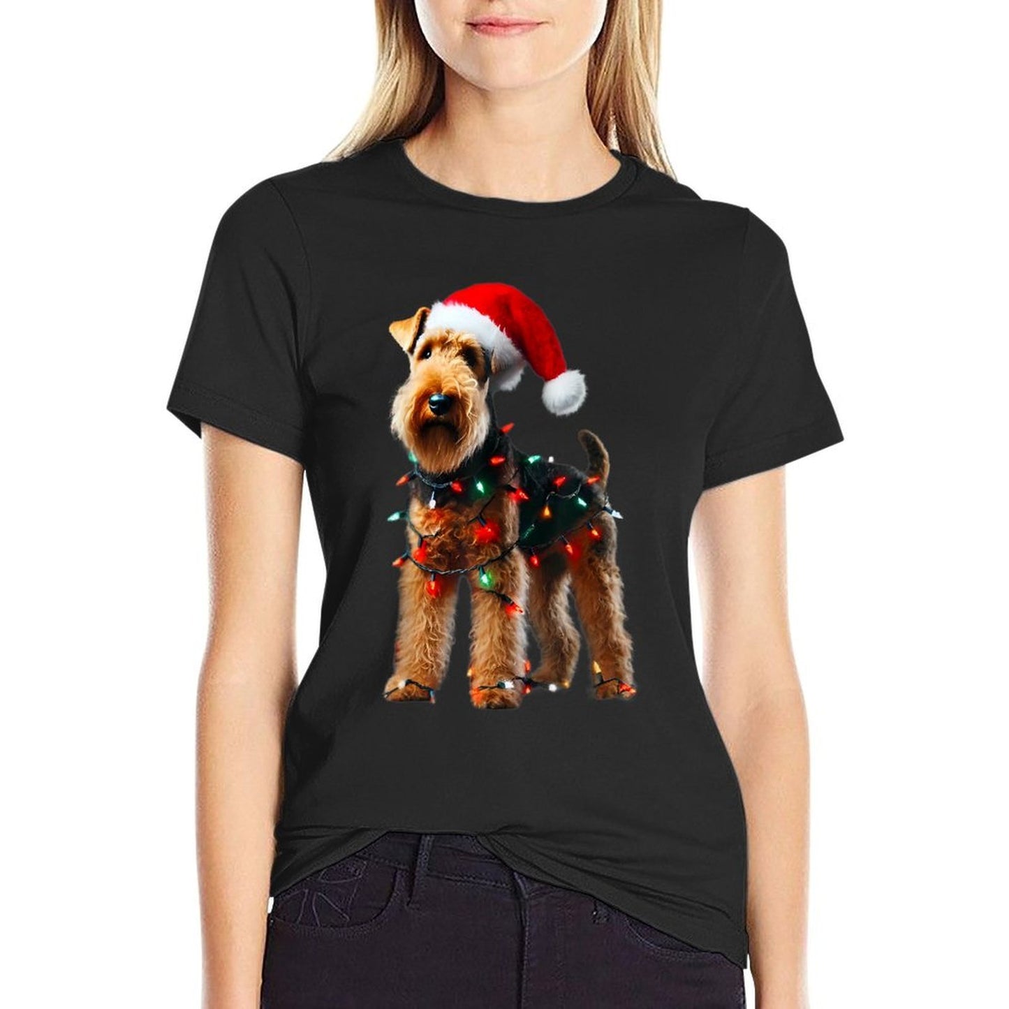 Welsh Terrier Santa Hat Christmas Lights Dog Owner Mom Dad  Trendy Pattern T-Shirt