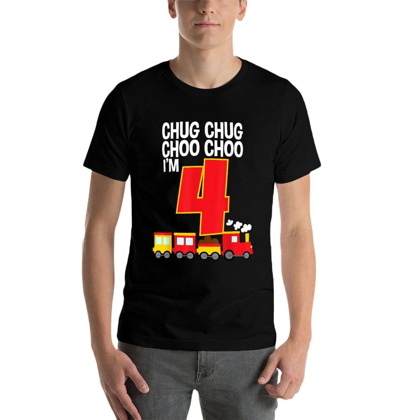 Chug Chug Choo Choo I'm 4 4th Birthday Train Party  Ribbed Collar T-Shirt