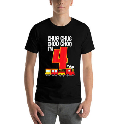 Chug Chug Choo Choo I'm 4 4th Birthday Train Party  Ribbed Collar T-Shirt