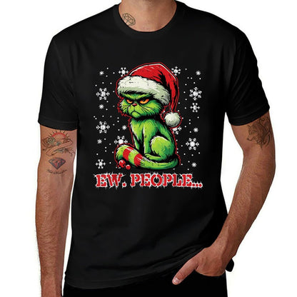 Christmas Cat Santa Ew People Funny Xmas Men Women Kids  Rolled Sleeves T-Shirt
