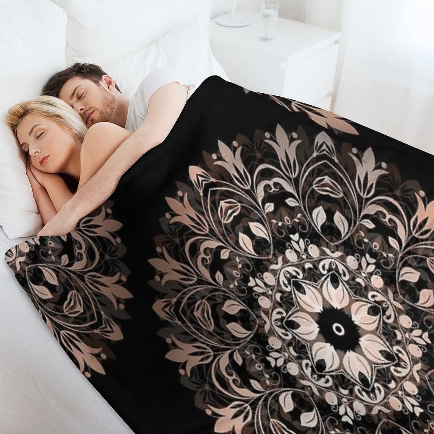Floral Rose Gold Mandala On A Black Background Travel-friendly Throw Blanket