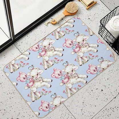 Baby Teddy Bear & Lamb Vintage Animal Illustration  Slip-Resistant Bath Mat