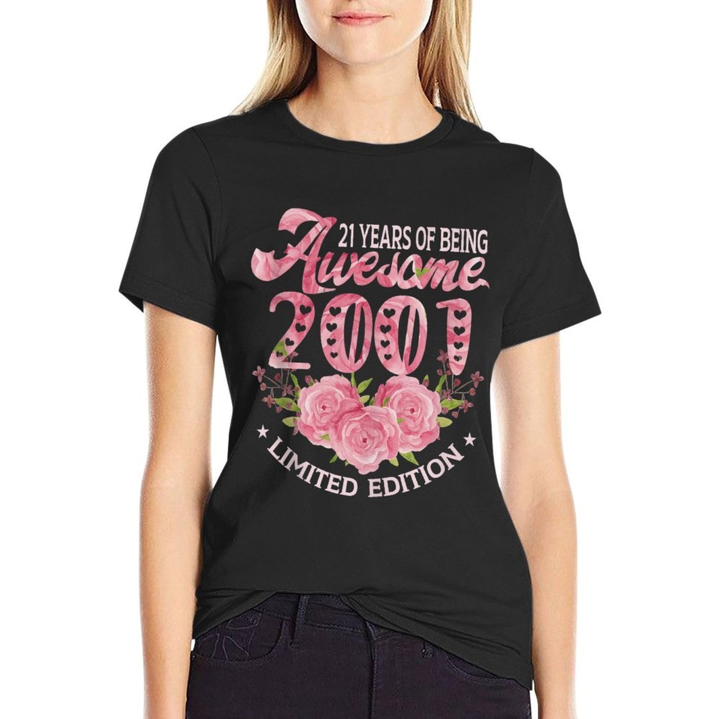 21 Year Old Pink Vintage 2001 Bday 21st Birthday Women  Rolled Sleeves T-Shirt