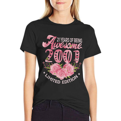 21 Year Old Pink Vintage 2001 Bday 21st Birthday Women  Rolled Sleeves T-Shirt