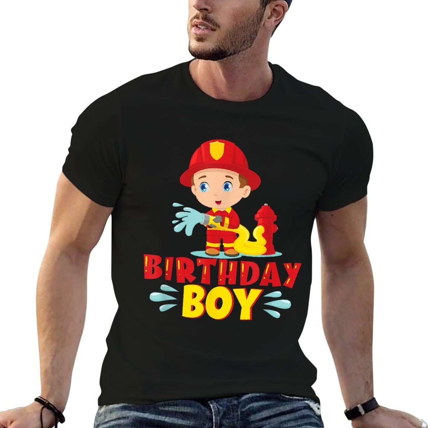 Fireman Birthday Boy Fire Truck Bday - Firefighter Birthday  Ribbed Collar T-Shirt