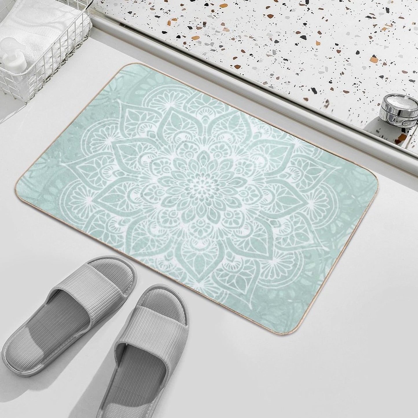Boho, Mandala, Love, Flower of Life, Teal  Anti-Trip Bath Mat