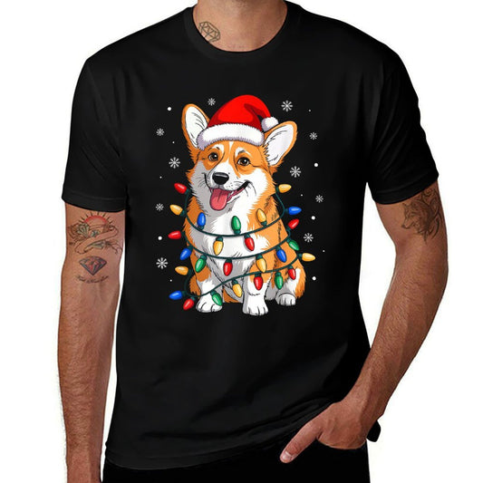 Corgi Dog Christmas Lights Santa Hat Family Xmas Pajamas  Stretchy T-Shirt