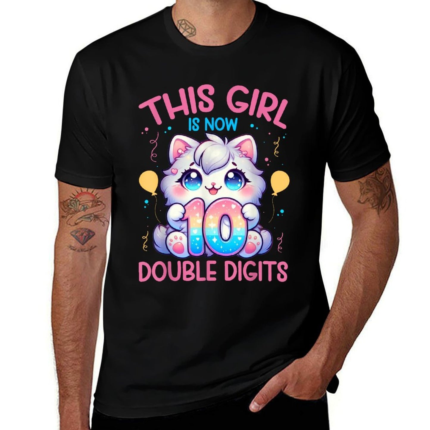 This Girl Is Now 10 Double Digits 10th Birthday Girls Cat  Durable T-Shirt