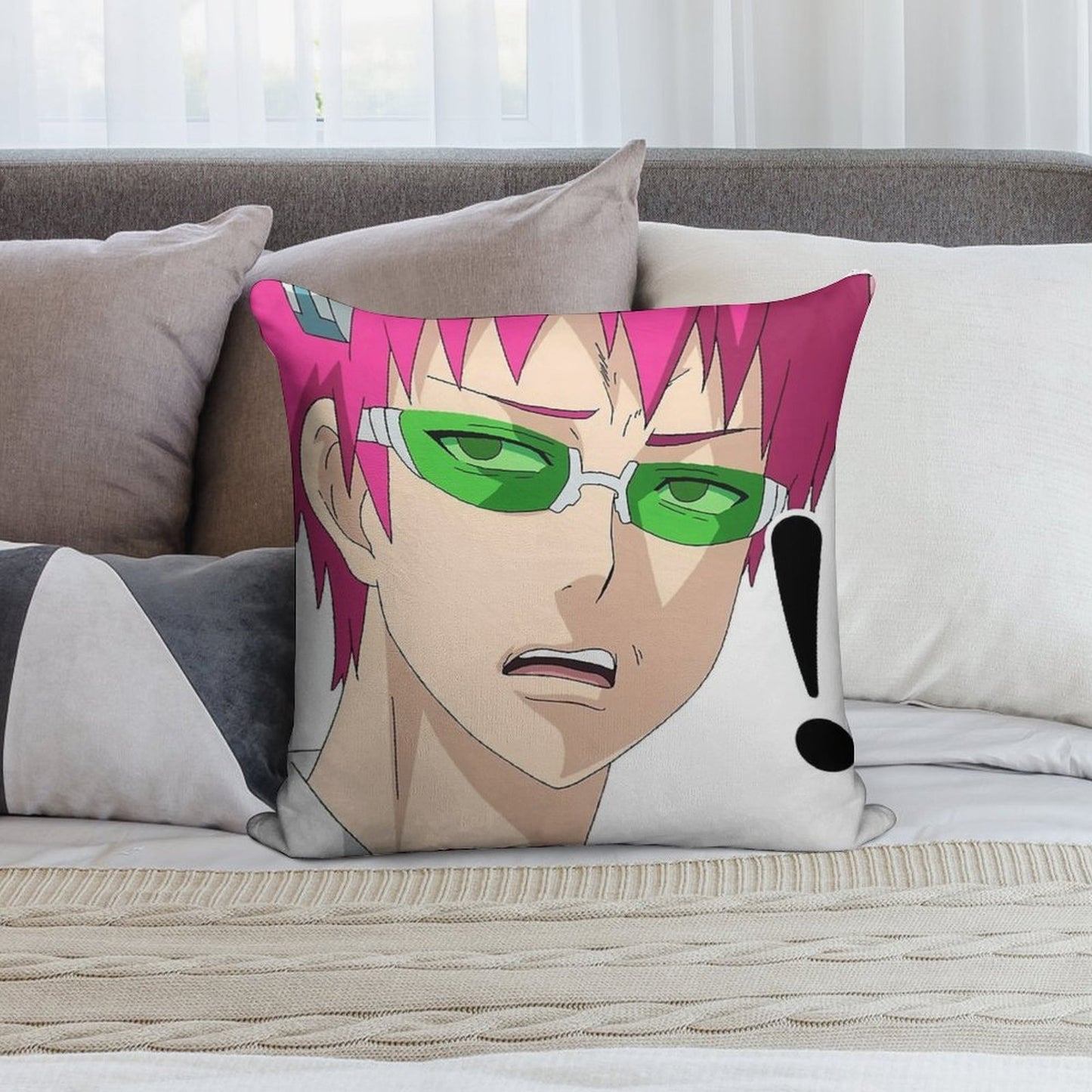 Saiki's Confused Face Soft Shrink-Resistant Throw Pillow