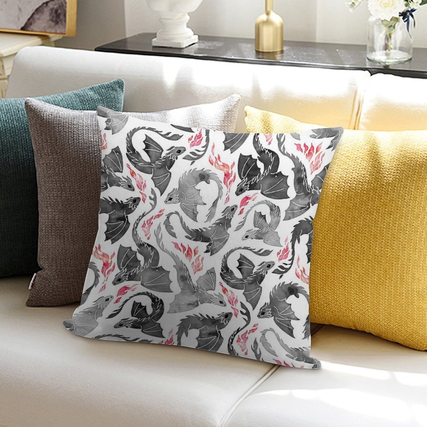 Dragon Fire Greys & Blacks Soft Decorative Cover Throw Pillow
