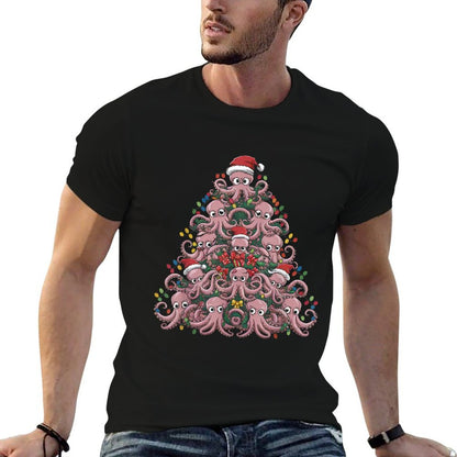 Octopus Xmas Lighting Santa Funny Octopus Christmas Tree  Heathered Texture T-Shirt