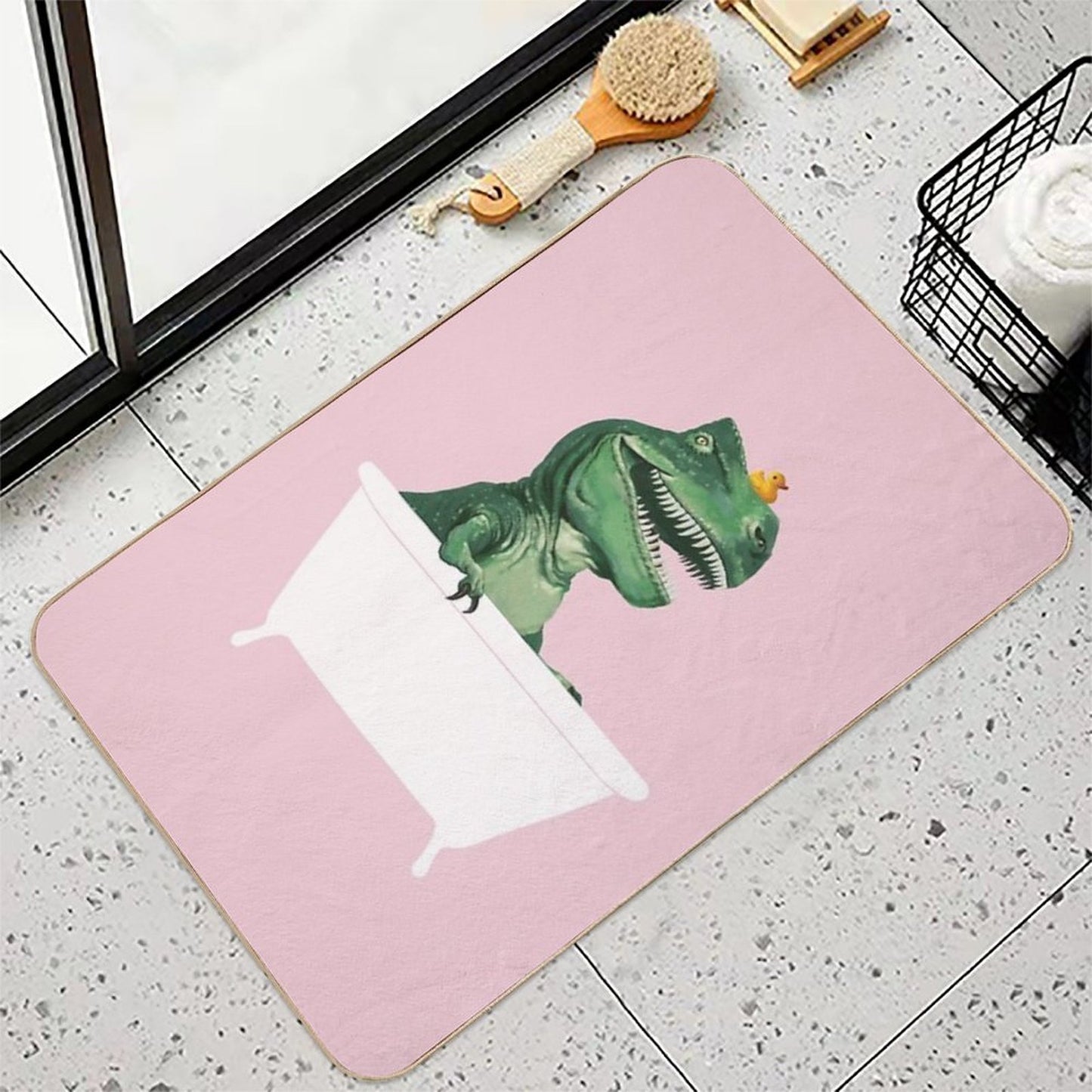 Playful T-Rex in Bathtub Pink  Anti-Trip Bath Mat
